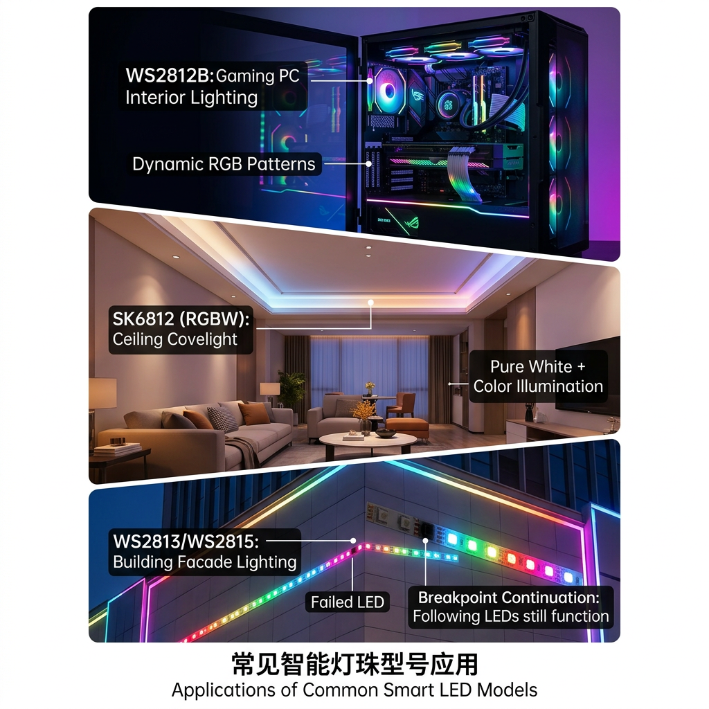 WS2812B、SK6812、WS2813/WS2815等常见归零码灯珠在不同场景下的应用示例图