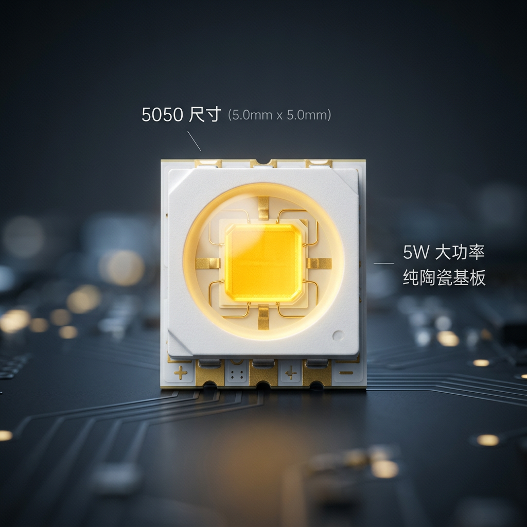 5050金黄光5W陶瓷LED大功率灯珠产品高清特写，展示其陶瓷底座、5050尺寸和金黄光效果