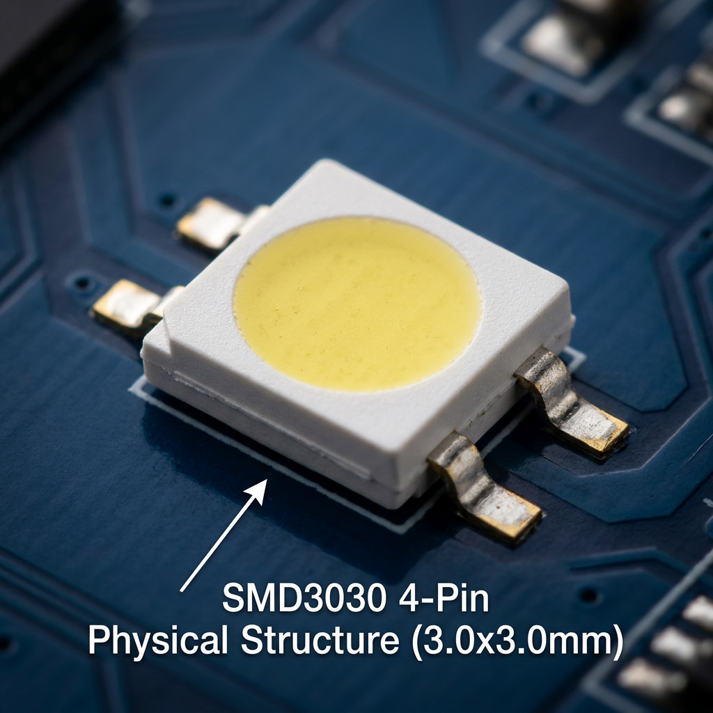 SMD3030 4脚灯珠的物理结构特写，展示其3.0x3.0mm的尺寸、PCT/EMC白色支架、四个金属引脚以及中央的荧光粉涂层。