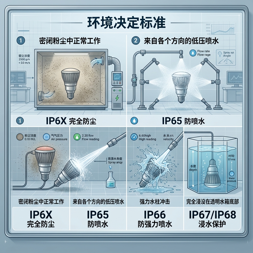 防尘防水红外灯珠IP等级对比示意图，展示IP6X防尘、IP65防喷水、IP66防强力喷水及IP67/IP68浸水保护的测试场景。