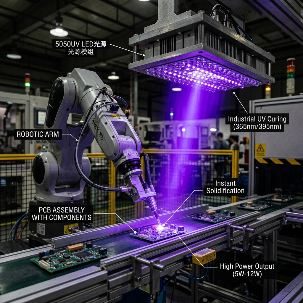 5050UV紫光LED灯珠在工业固化中的应用场景，展示胶水在紫外光照射下瞬间固化的效果