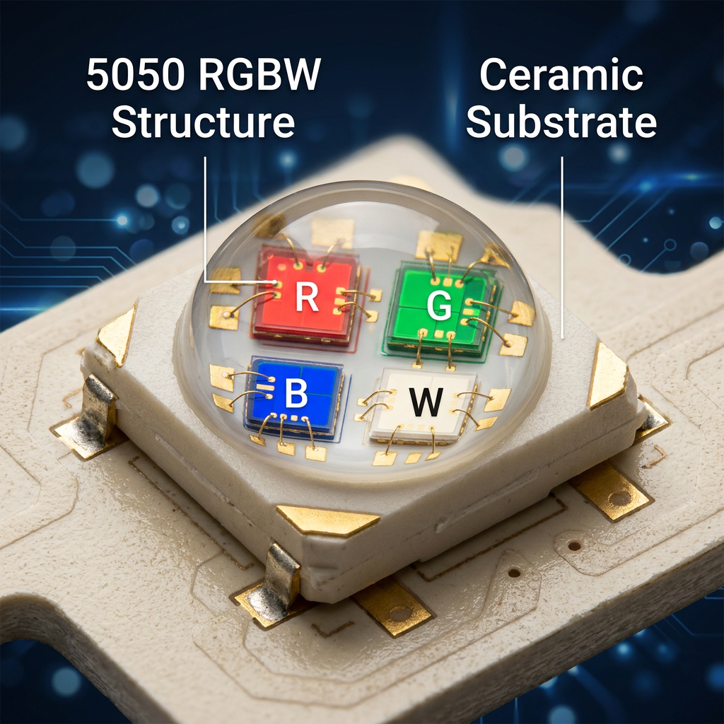 8-12W大功率5050 RGBW陶瓷LED灯珠高清微距图，展示其内部红绿蓝白四芯片结构和白色陶瓷基板。