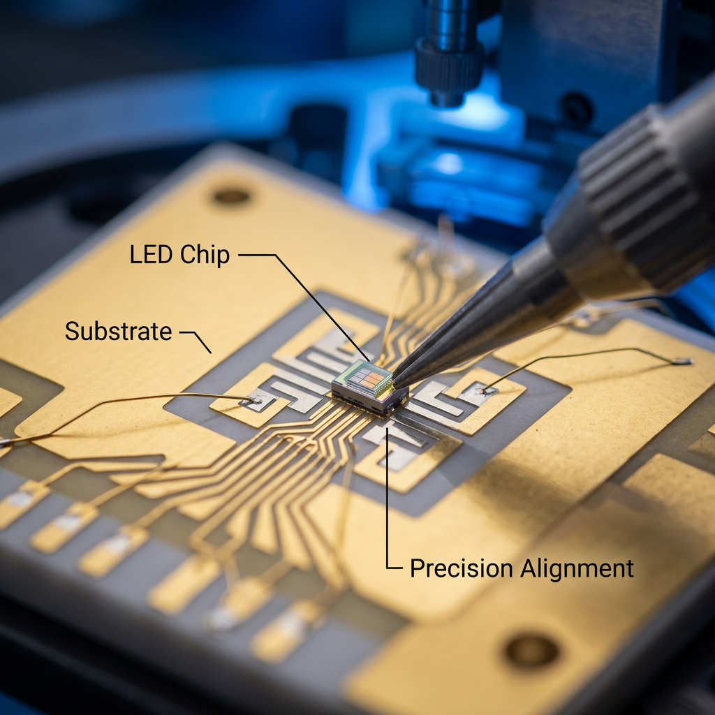 LED固晶制程开篇示意图：微距下芯片精准贴装在基板上，展现封装核心工艺与微观艺术