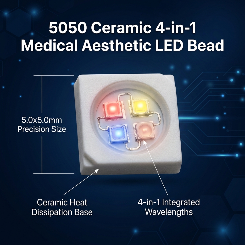 5050陶瓷四合一医美LED灯珠特写,展示其5.0x5.0mm精密尺寸、四合一集成波长及陶瓷散热基座,象征其高端医美应用。