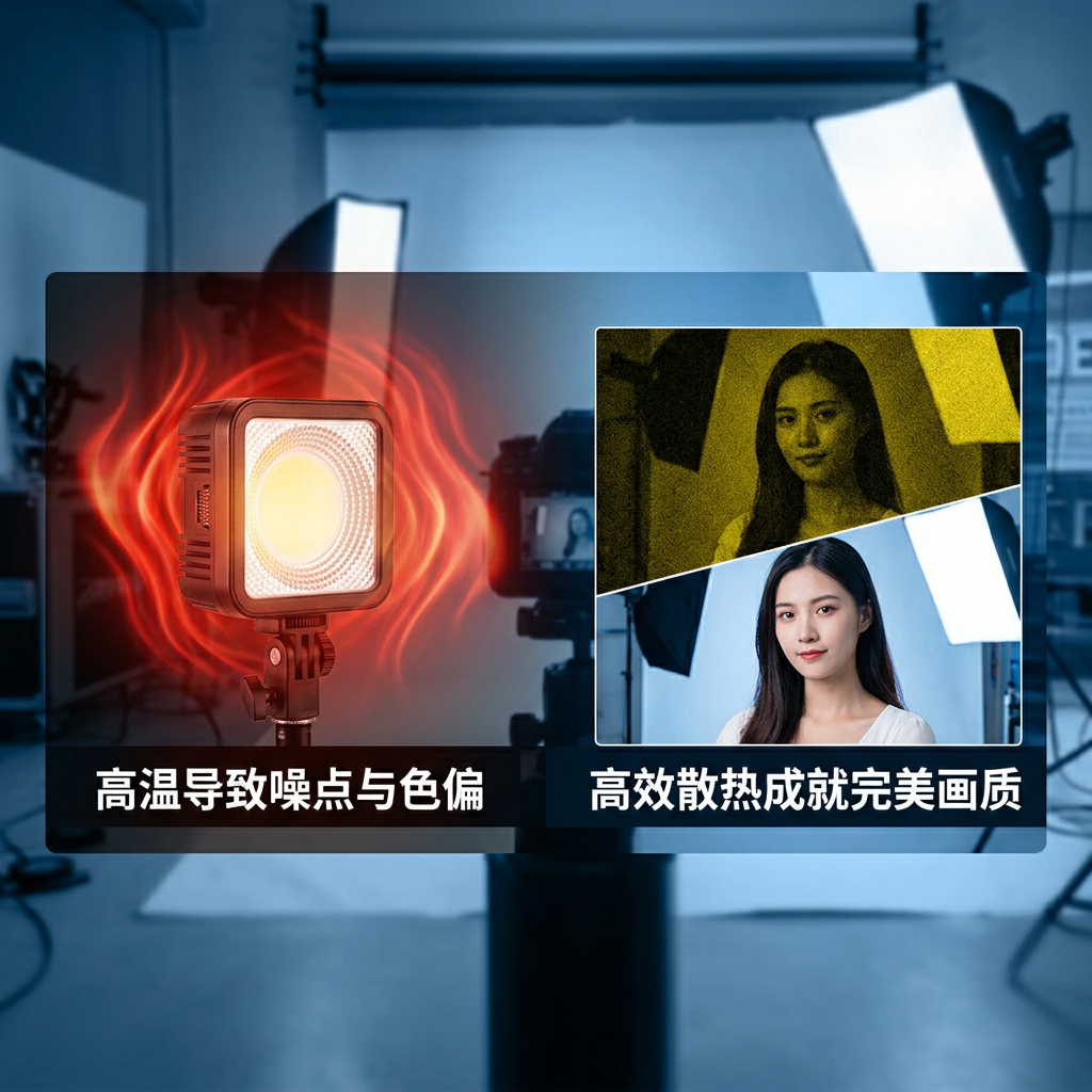 相机补光灯热量对比示意：左侧高温导致噪点与色偏，右侧良好散热下清晰还原