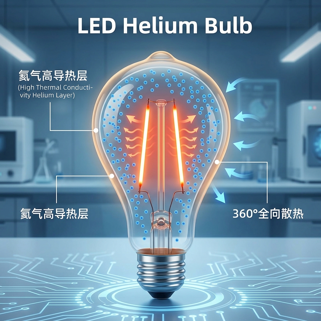 LED氦气灯内部散热原理示意图：氦气分子高效传导热量，实现360度全向散热