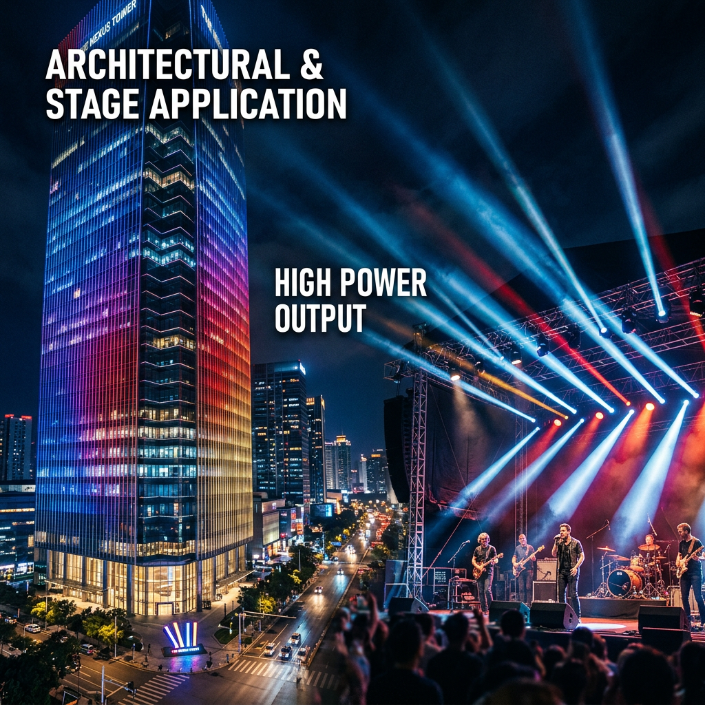 8-12W大功率5050 RGBW陶瓷LED灯珠在建筑外墙亮化和舞台照明中的实际应用夜景图，展现其绚丽色彩和高亮度。