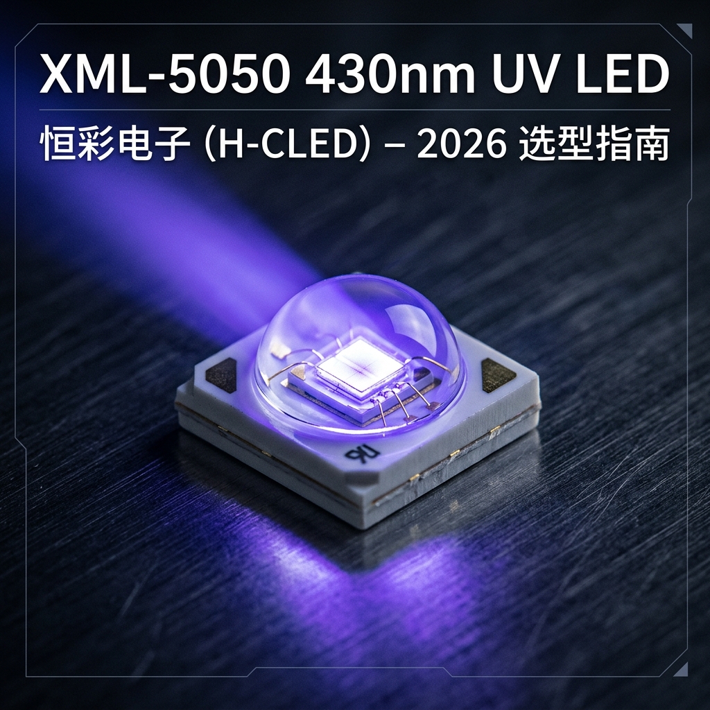 特写:恒彩电子XML外形5050 430nm UV紫光LED灯珠,发出明亮紫蓝色光芒,展现高功率工业设计