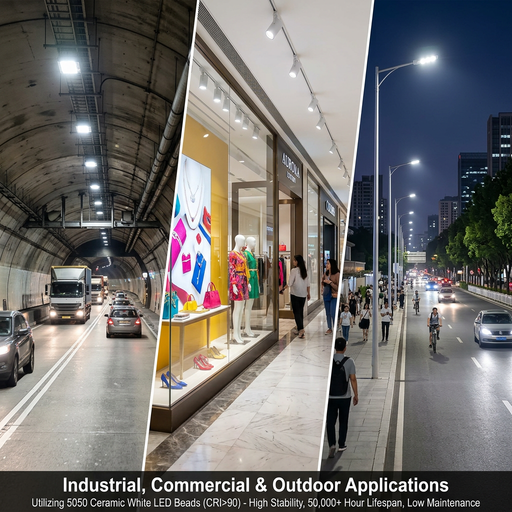 5050陶瓷白光灯珠在工业隧道、商业橱窗和城市道路照明中的应用场景,体现其高亮度、长寿命和低维护成本