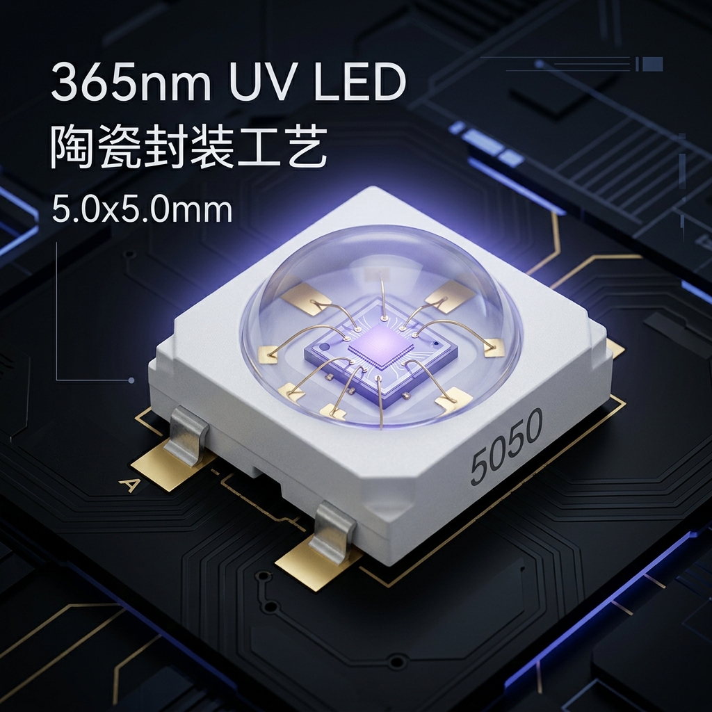 恒彩陶瓷SMD5050紫光365nm UV LED灯珠特写,展示其5x5mm陶瓷封装、精密金线和幽微的365nm紫色光晕,体现高端工业设计与精密制造。