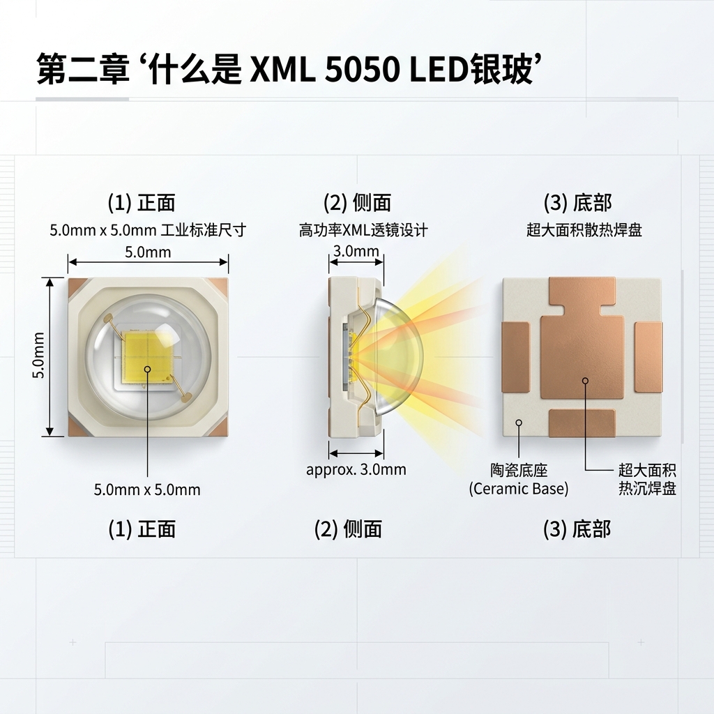 XML外形5050灯珠结构示意图:展示5x5mm尺寸、高功率XML透镜及陶瓷底座散热焊盘