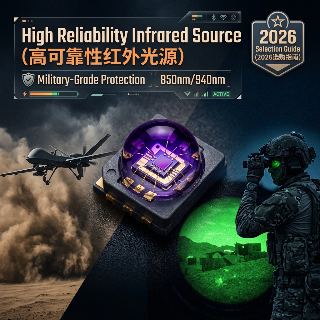 2026军规级防护红外LED灯珠特写,展示其坚固陶瓷封装与内部金线,背景是沙尘暴中的军用无人机和佩戴夜视仪的特种兵,上方浮现850nm/940nm关键词