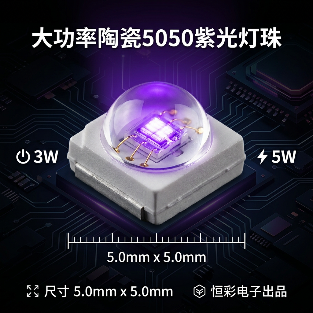 大功率3W5W陶瓷5050紫光灯珠特写,展示5.0x5.0mm尺寸与紫色光芒
