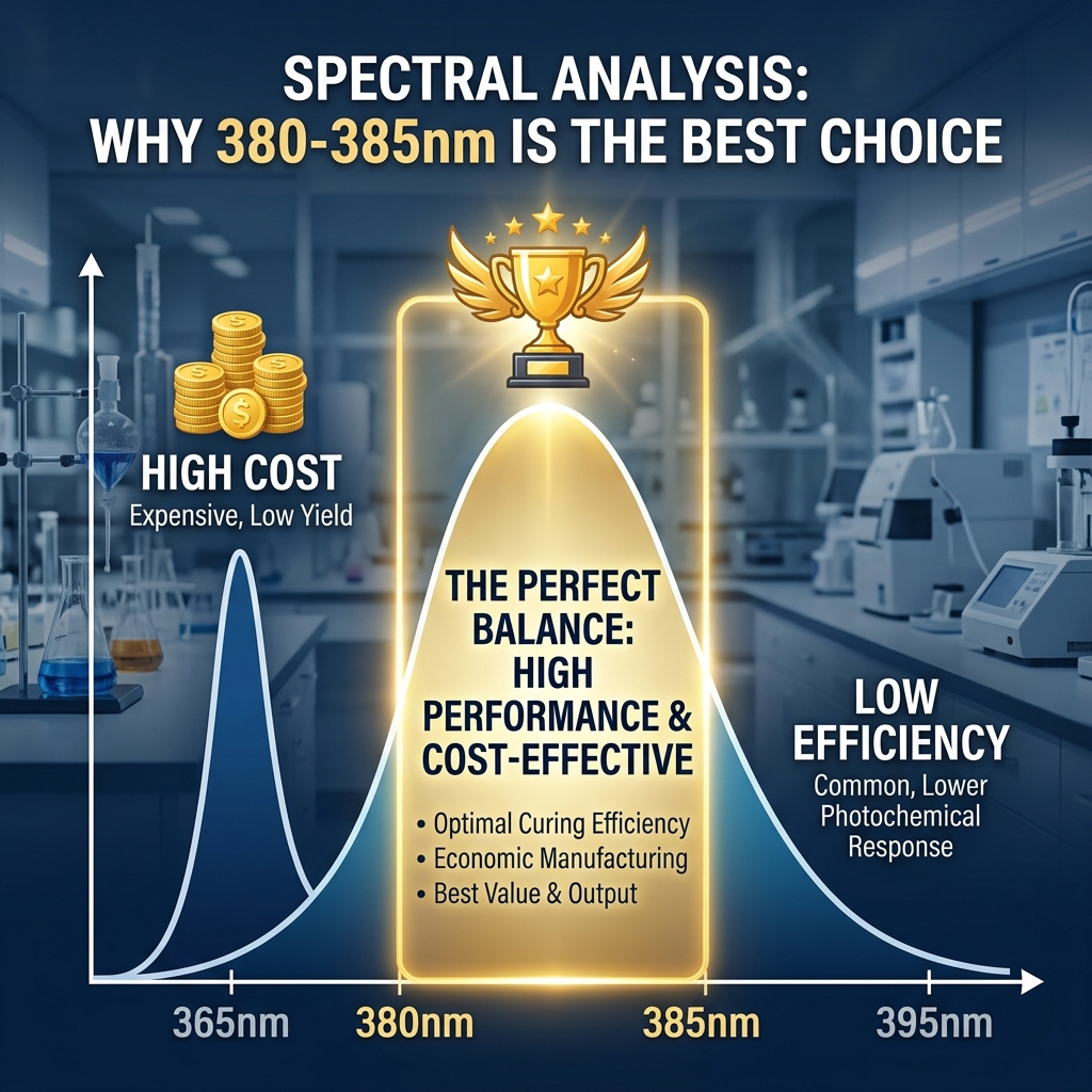 紫外线波长性能与成本对比图：380-385nm波长在高性能与高性价比之间达到完美平衡