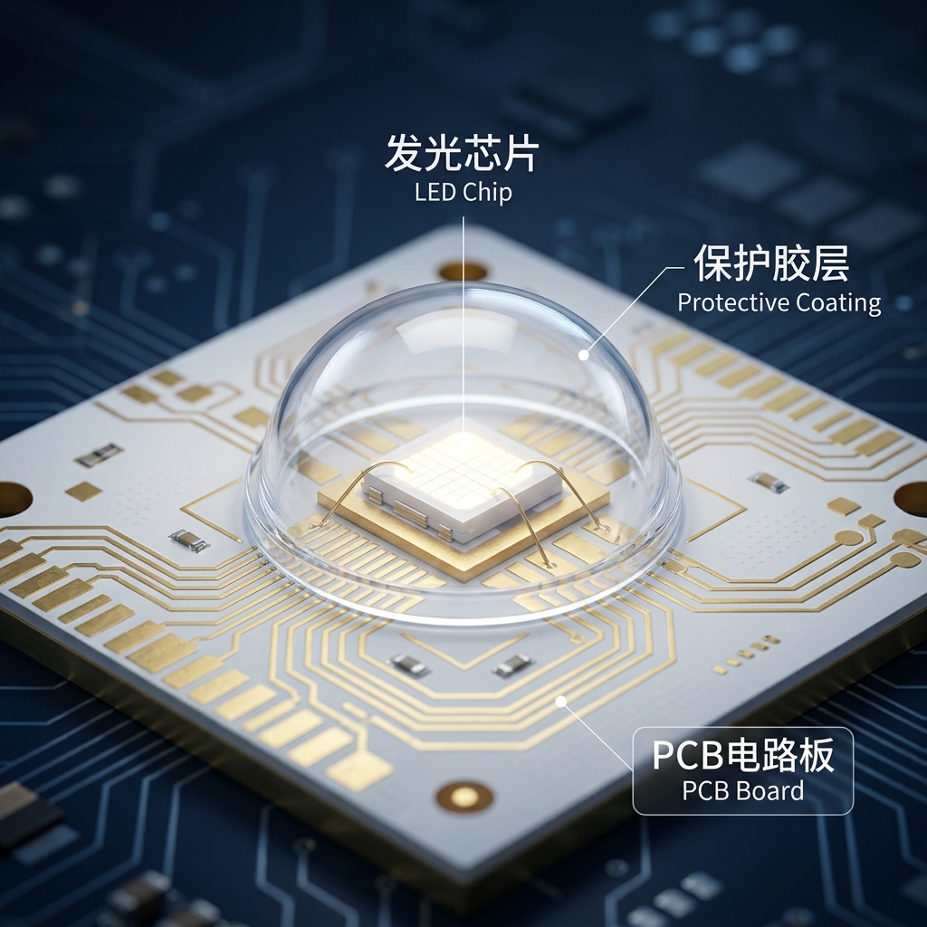 LED PCB封装核心概念示意图,展示发光芯片、保护胶层与PCB电路板的构成。