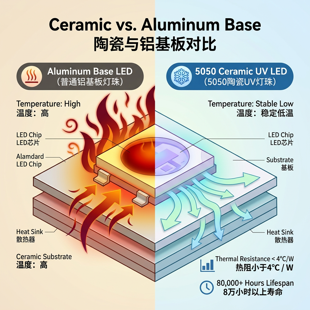 5050陶瓷UV灯珠与传统铝基板灯珠散热性能对比图，突显陶瓷基板卓越的导热效率和长寿命优势。