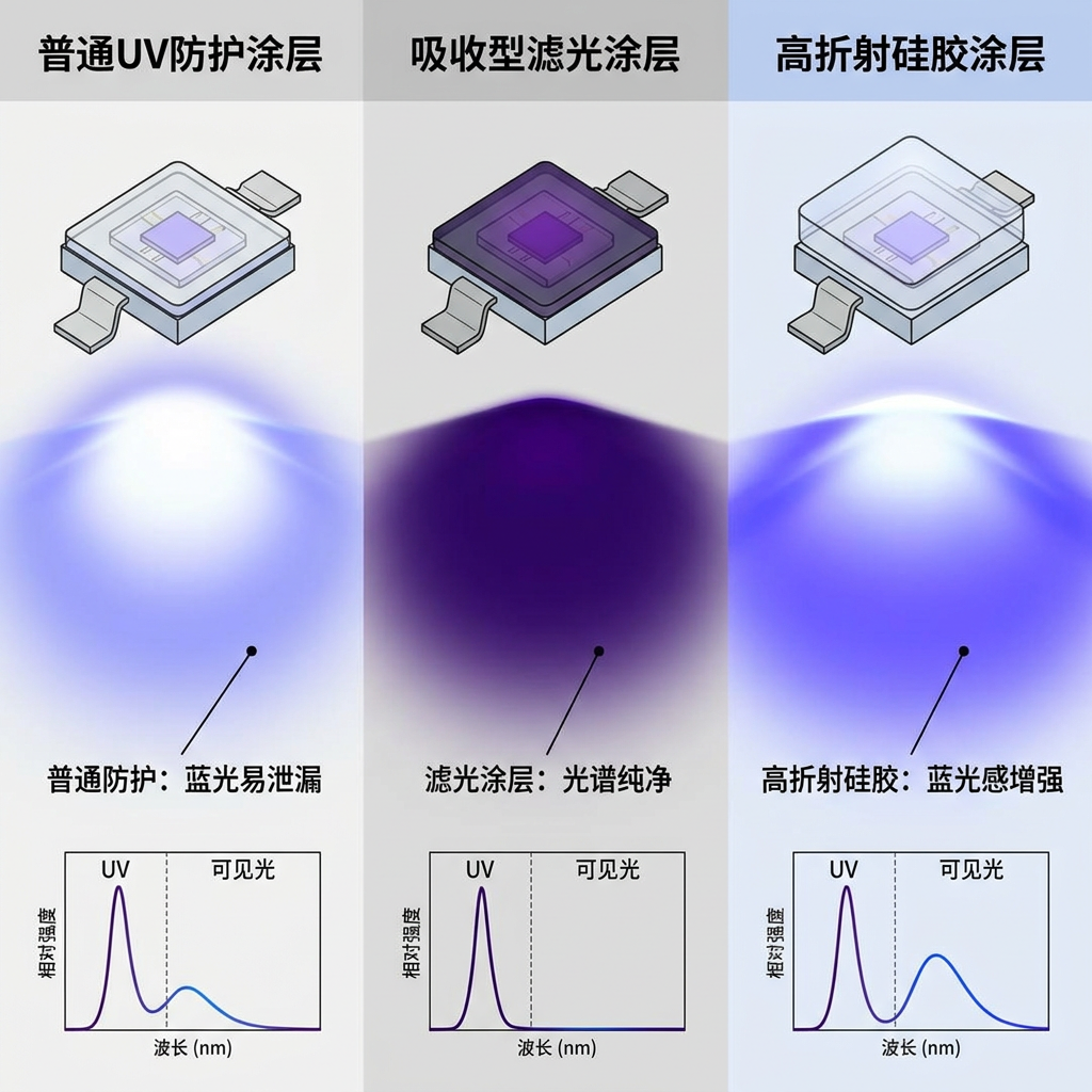不同类型UV涂层对LED出光效果影响的对比图，展示普通防护、滤光和高折射硅胶涂层下的蓝光表现