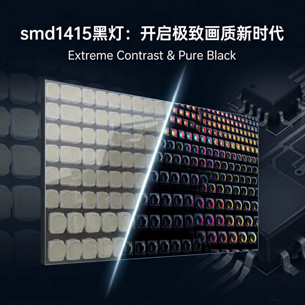 smd1415黑灯与传统白灯对比图，展示黑灯极致的对比度和纯净的黑色，开启高清画质新时代。