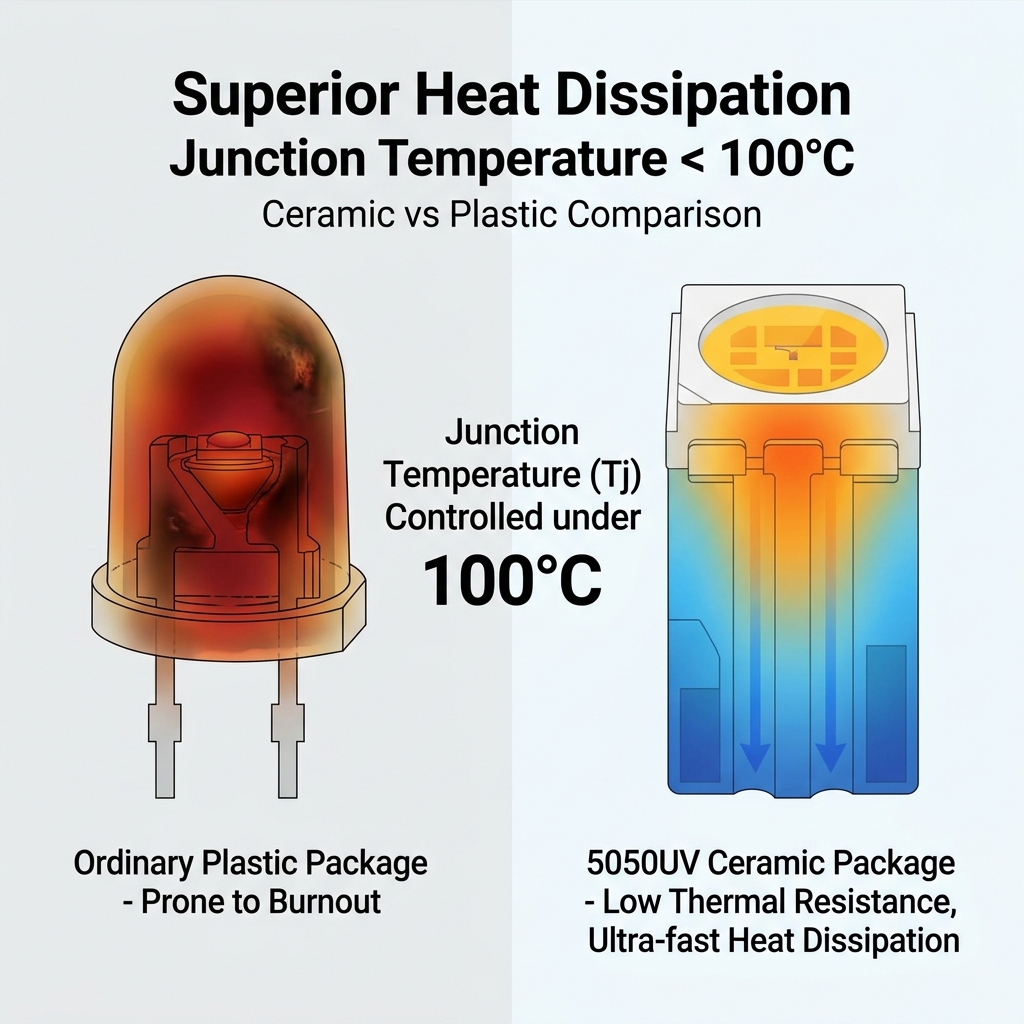 陶瓷封装与普通塑料封装LED灯珠散热性能对比图，展示陶瓷封装的超低热阻和高效散热优势