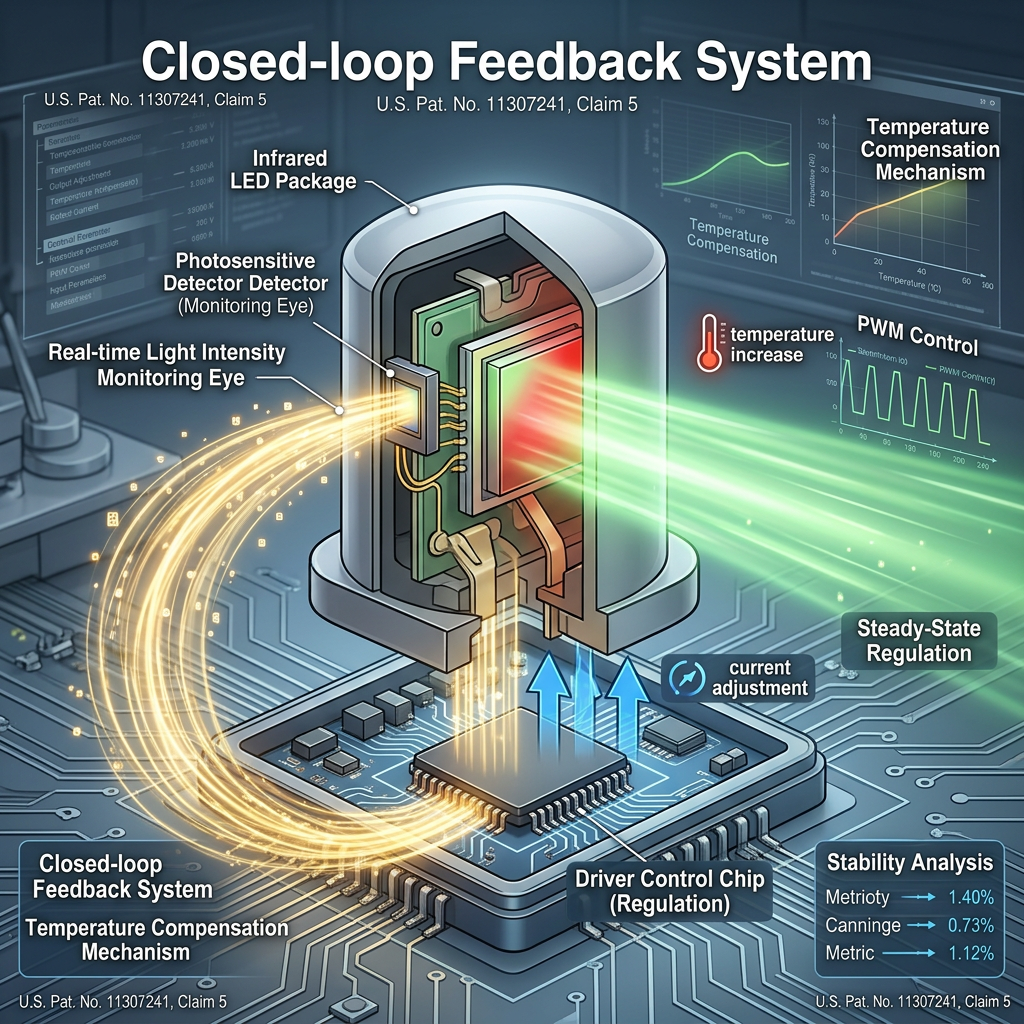 US11307241专利闭环控制系统原理示意图，展示光敏探测器如何实时监测红外LED光强并反馈给控制芯片进行智能电流调节，确保光强稳定输出。