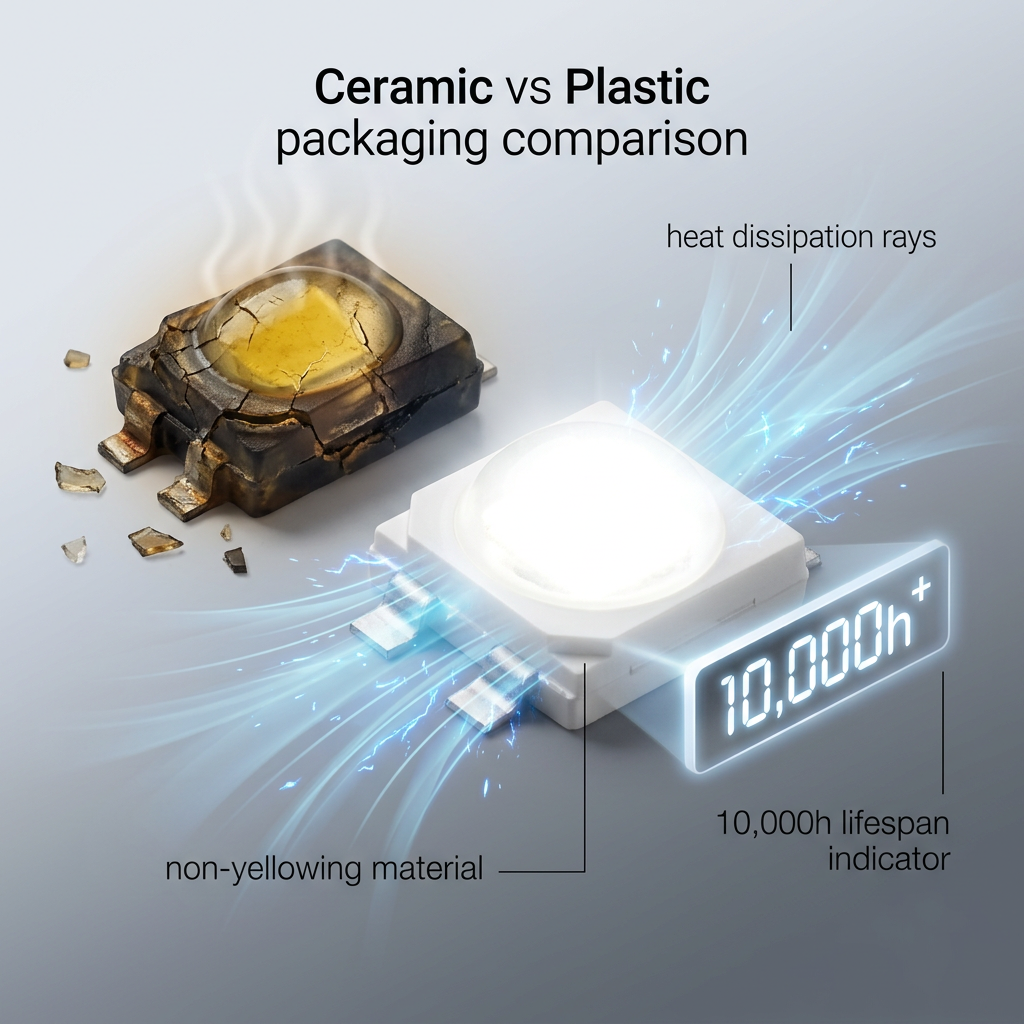 陶瓷封装与塑料封装对比图，展示陶瓷3535灯珠优异的散热性能、抗紫外线老化（不发黄）和超长使用寿命（10000小时+）。