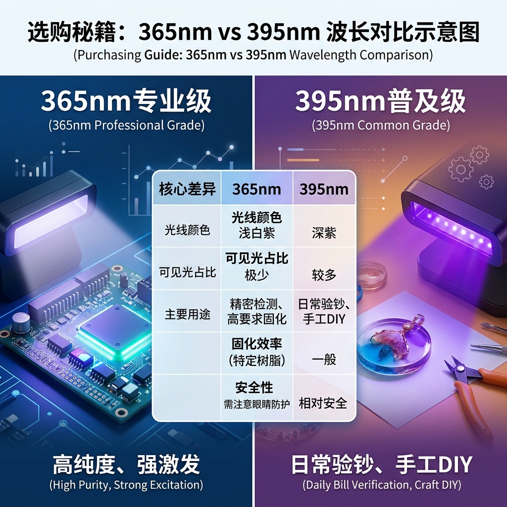365nm和395nm UV LED波长的直观对比图，左侧展示365nm的纯净光线与高精度荧光检测效果，右侧展示395nm的明显紫光与日常固化应用，配有详细的对比说明。