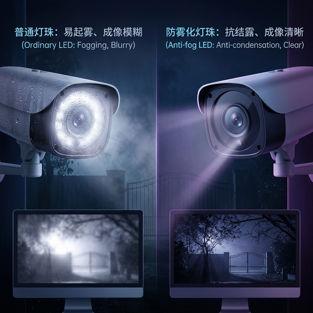 防雾化红外LED灯珠在雾气环境下提供清晰夜视,与普通灯珠的模糊成像形成鲜明对比