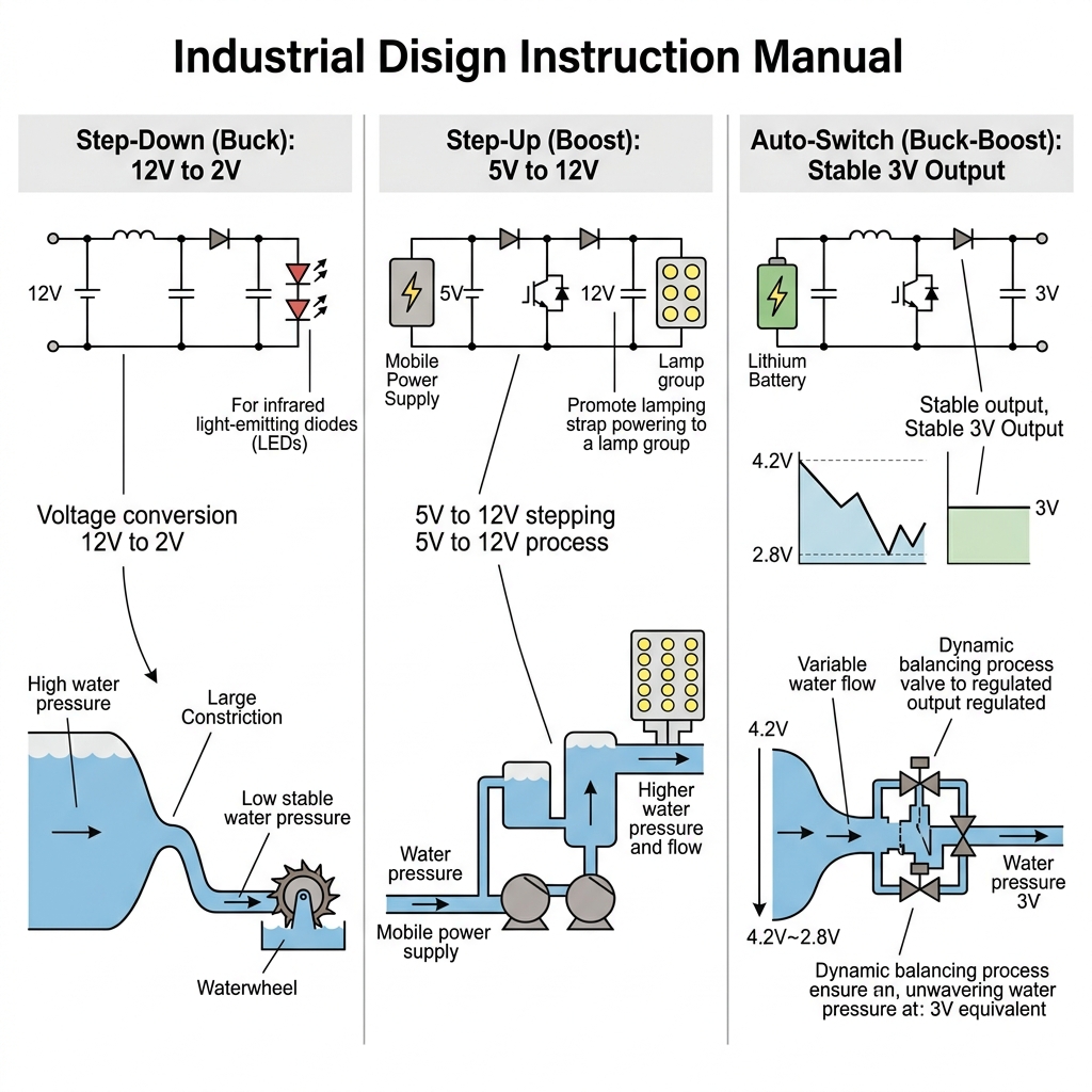 宽电压红外LED灯珠驱动方案三大核心玩法对比:降压式(Buck)、升压式(Boost)和升降压式(Buck-Boost)电路示意图。