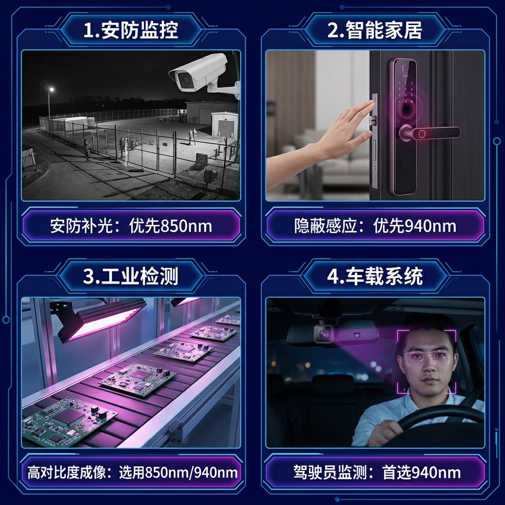 防紫外线红外灯珠在安防监控、智能家居、工业检测和车载系统中的应用场景图，展示其广泛的实用价值。