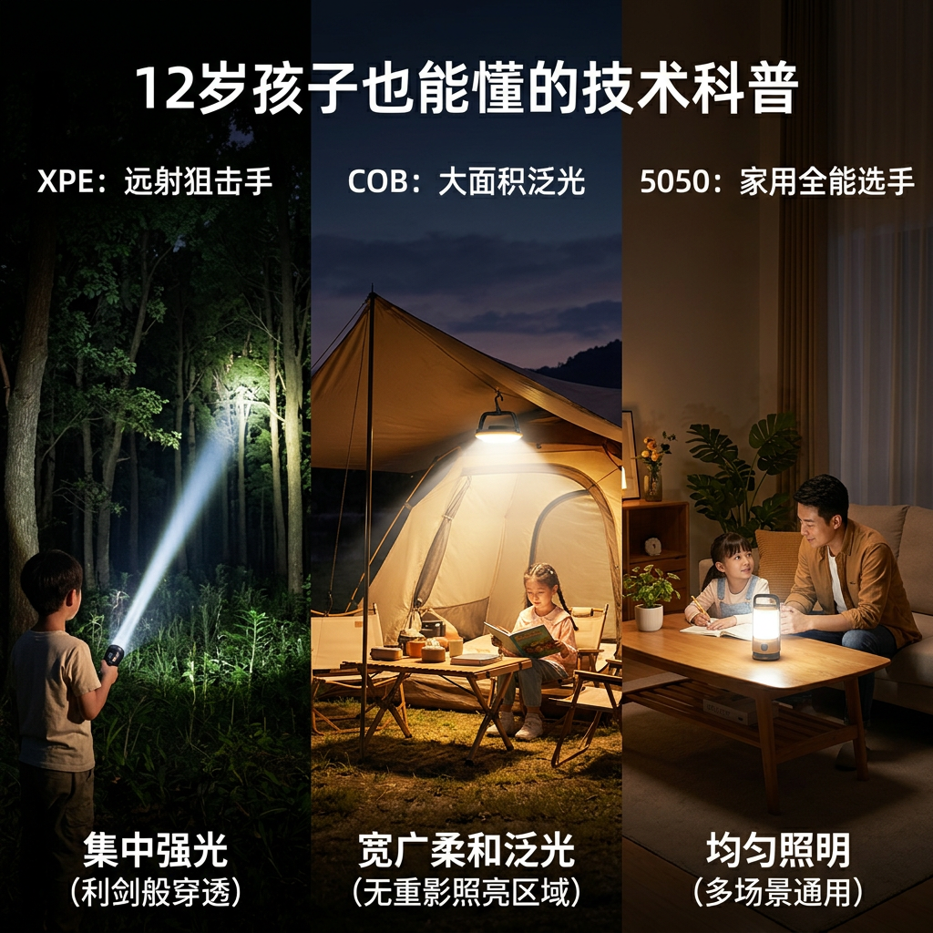 XPE手电筒远射、COB工作灯泛光与5050家用应急灯光线效果对比图,形象解释不同LED光源的适用场景。
