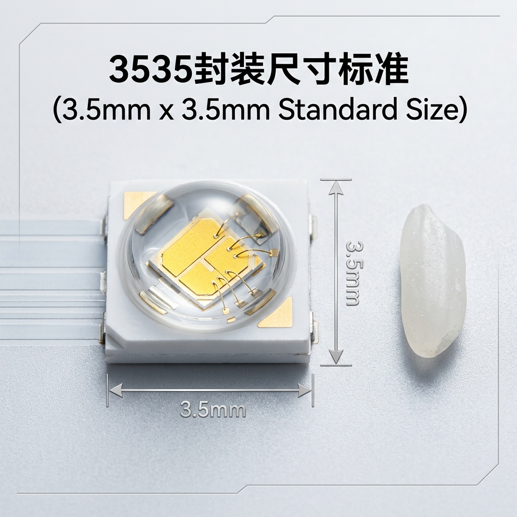 3535 LED灯珠与大米粒的尺寸对比，展示其3.5mm x 3.5mm的紧凑尺寸