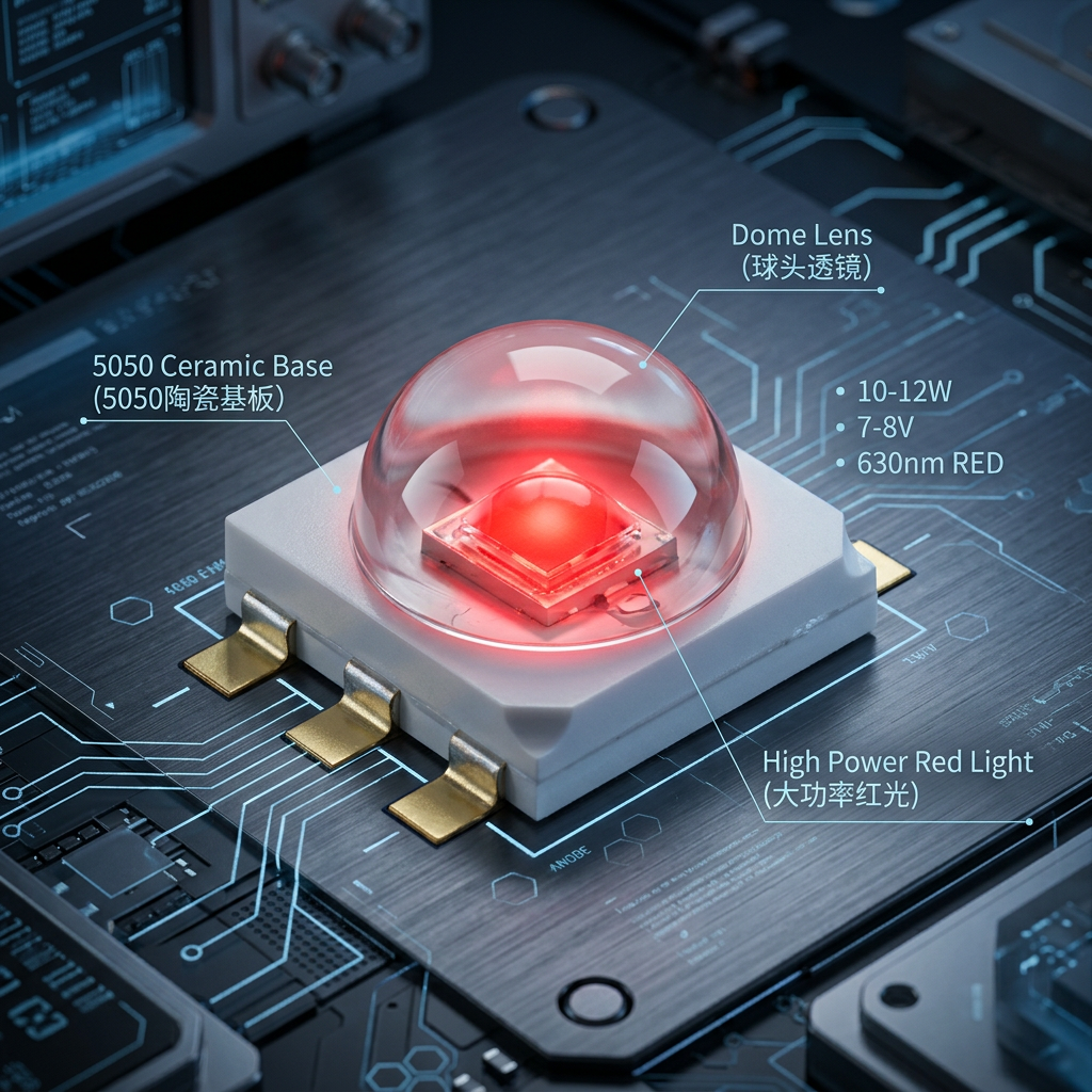 高清特写：恒彩电子5050陶瓷球头红色LED灯珠，配备聚光透镜，展示10-12W 7-8V高功率特征