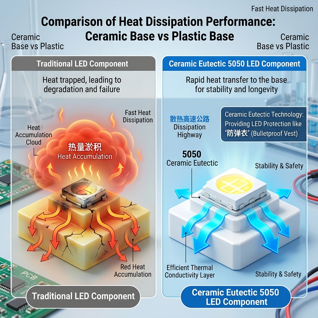 陶瓷共晶5050灯珠与传统灯珠散热对比示意图，展示陶瓷底座如何通过“散热高速公路”快速散发热量，而普通塑料底座则易热量淤积。