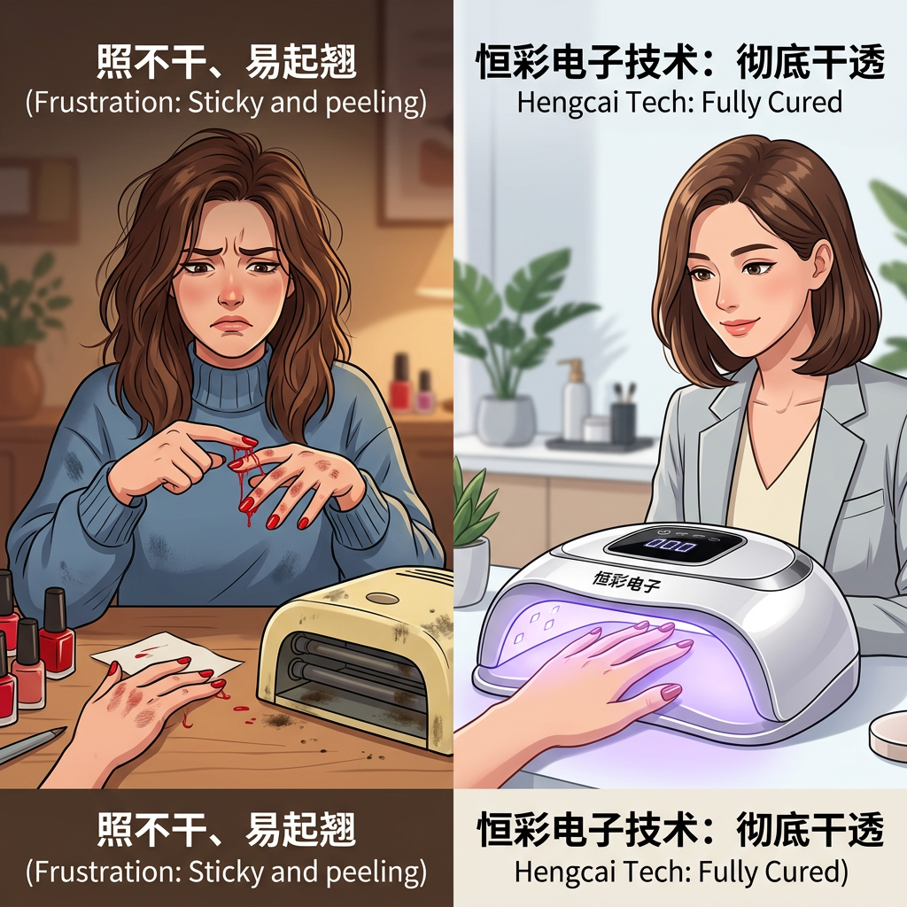 美甲灯照不干烦恼对比：劣质灯导致甲油粘滞易起翘，恒彩电子LED美甲灯彻底固化指甲光洁平整