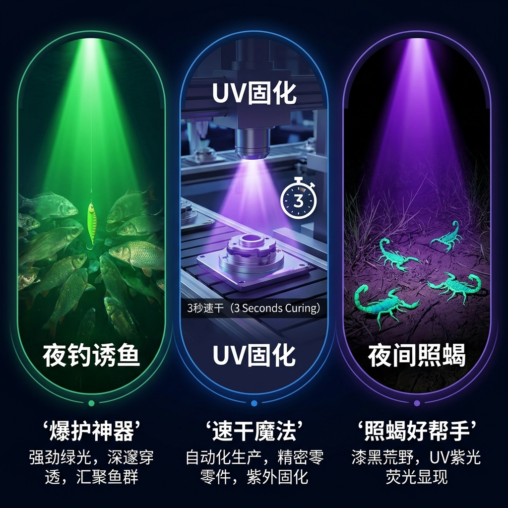 5瓦陶瓷LED应用：夜钓、UV固化与夜间照蝎的三大场景示意图