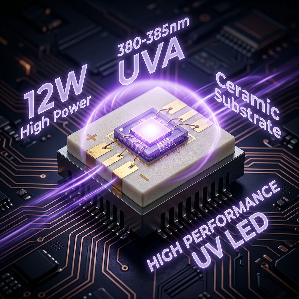 12W大功率5050UV紫光380-385nm灯珠特写,展示其5050封装、高导热陶瓷基板及发出的380-385nm淡紫色光芒,突出高效能与散热设计。