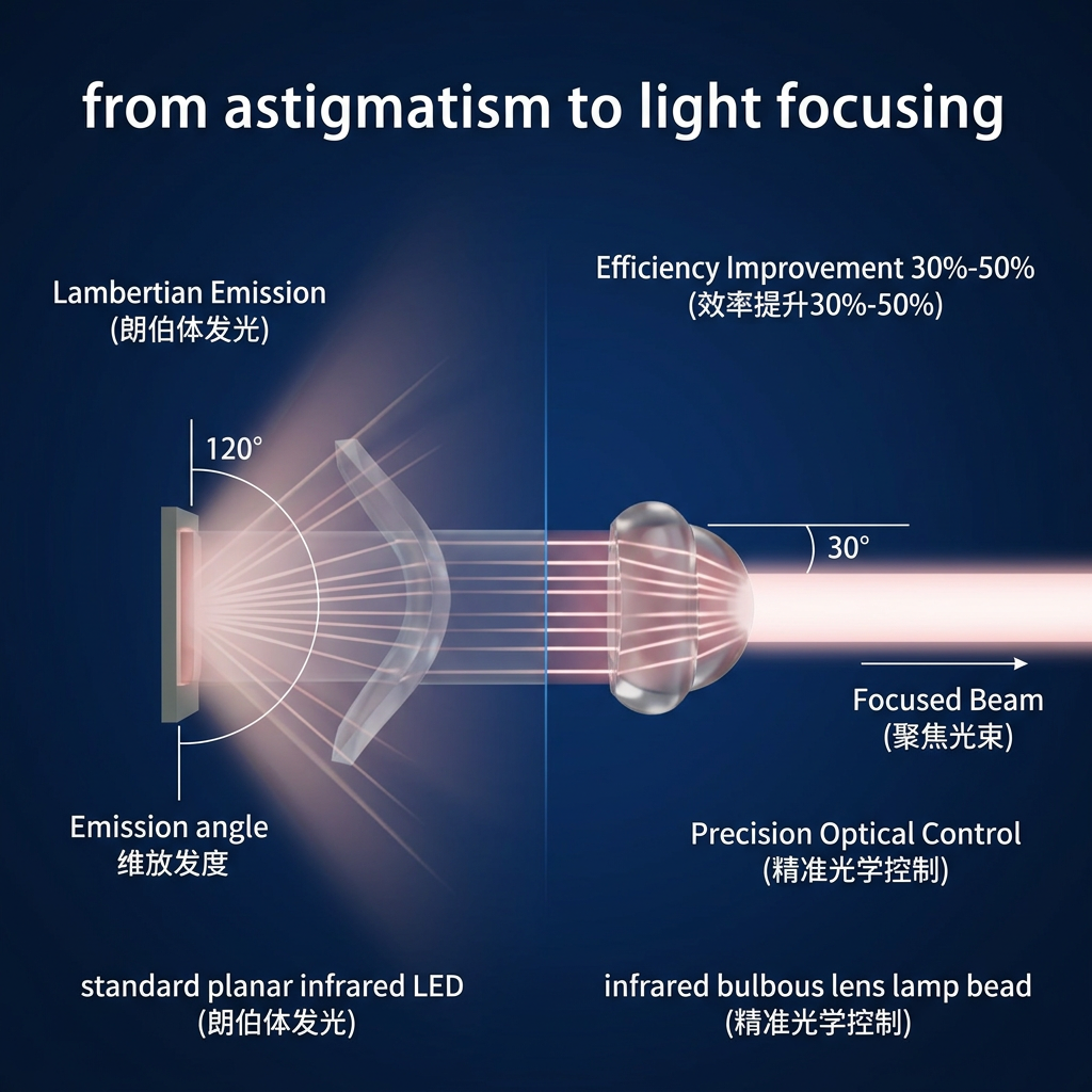普通平面LED与红外球头聚光透镜灯珠的光线对比，展示球头透镜如何将散光聚焦为高亮直射光束，提升效率和精准控制