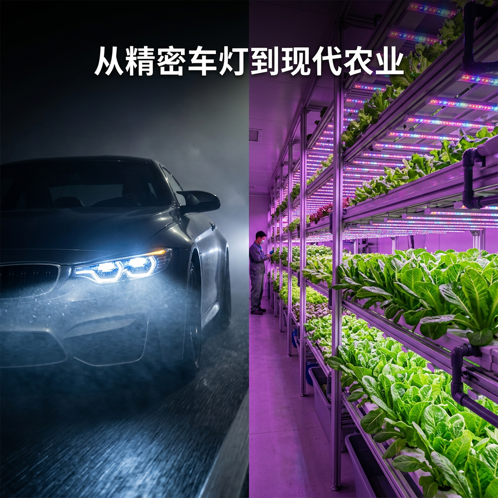 综合应用场景拼图，左侧为现代汽车LED大灯夜间穿透迷雾，右侧为高科技植物工厂中生菜在LED光照下生长。图片标注：从精密车灯到现代农业，展现陶瓷灯珠的广泛应用。