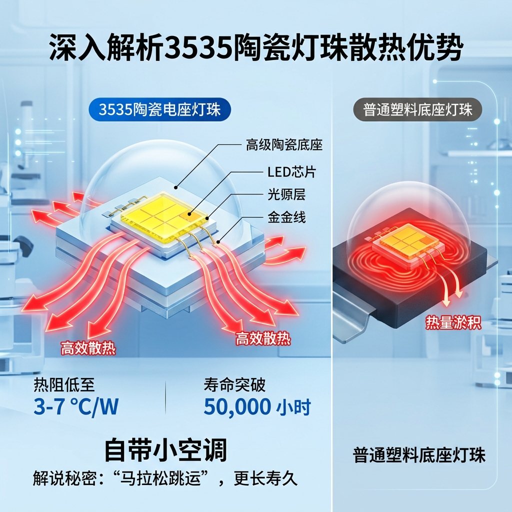 3535陶瓷灯珠散热剖面示意图,对比陶瓷与塑料底座散热效果,强调低热阻与超长寿命