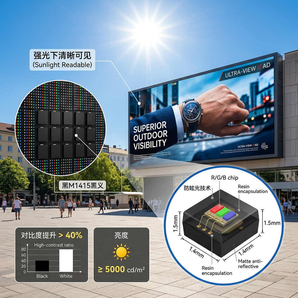 smd1415黑灯在户外强光下的显示效果，强调防眩光技术和高对比度，即使阳光直射也能清晰可见。