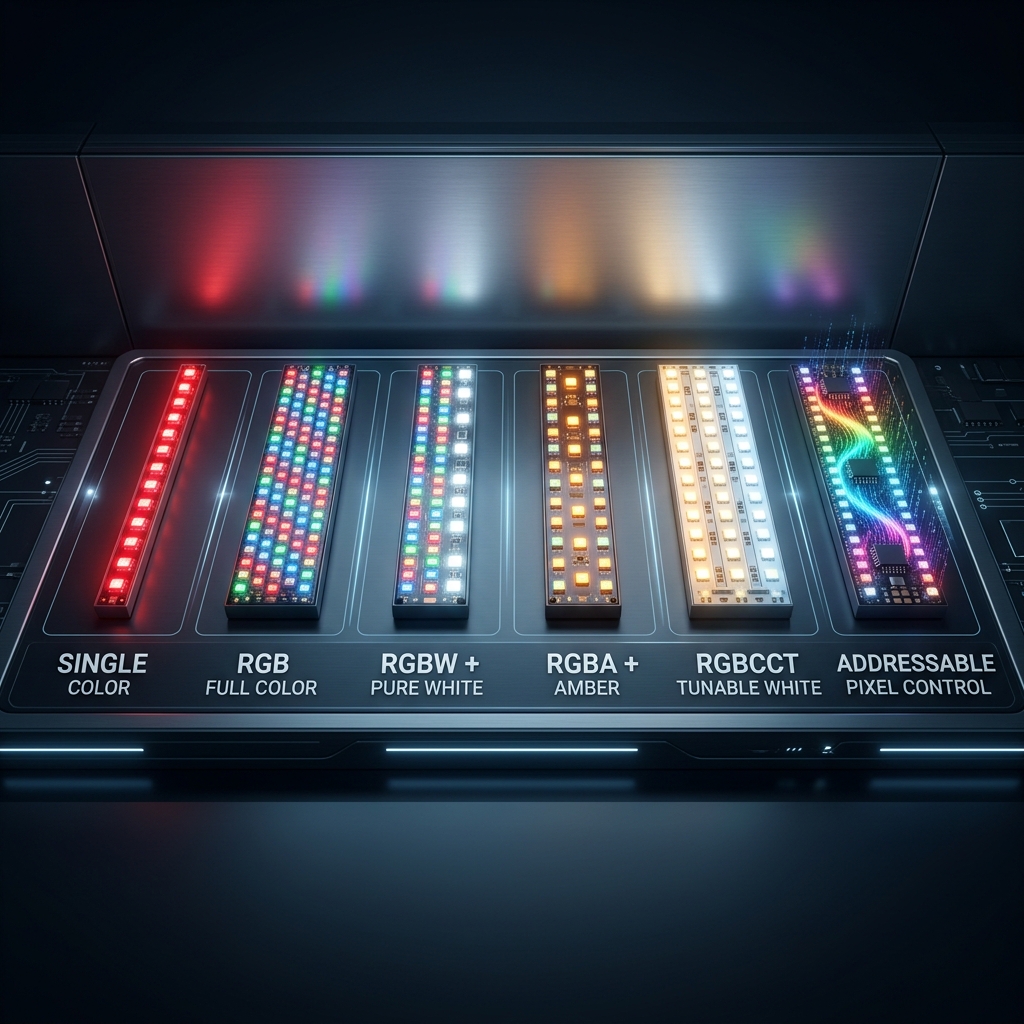 彩光模块颜色分类概览：展示单色、RGB、RGBW、RGBA、RGBCCT和可寻址全彩模块的核心区别与光效。