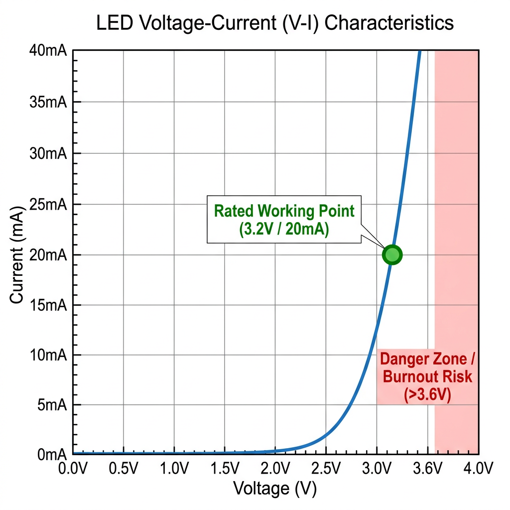 超绿色LED的电压电流（V-I）伏安特性曲线图，显示额定工作点和危险区域