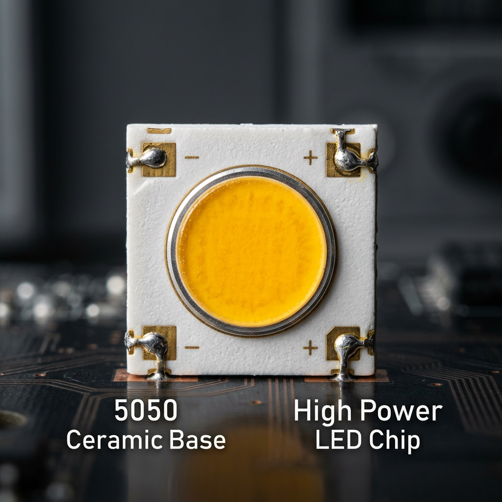 大功率5050陶瓷白光LED灯珠微距特写，清晰展示5x5mm尺寸、纯白色陶瓷基板和高品质黄色荧光粉的发光面