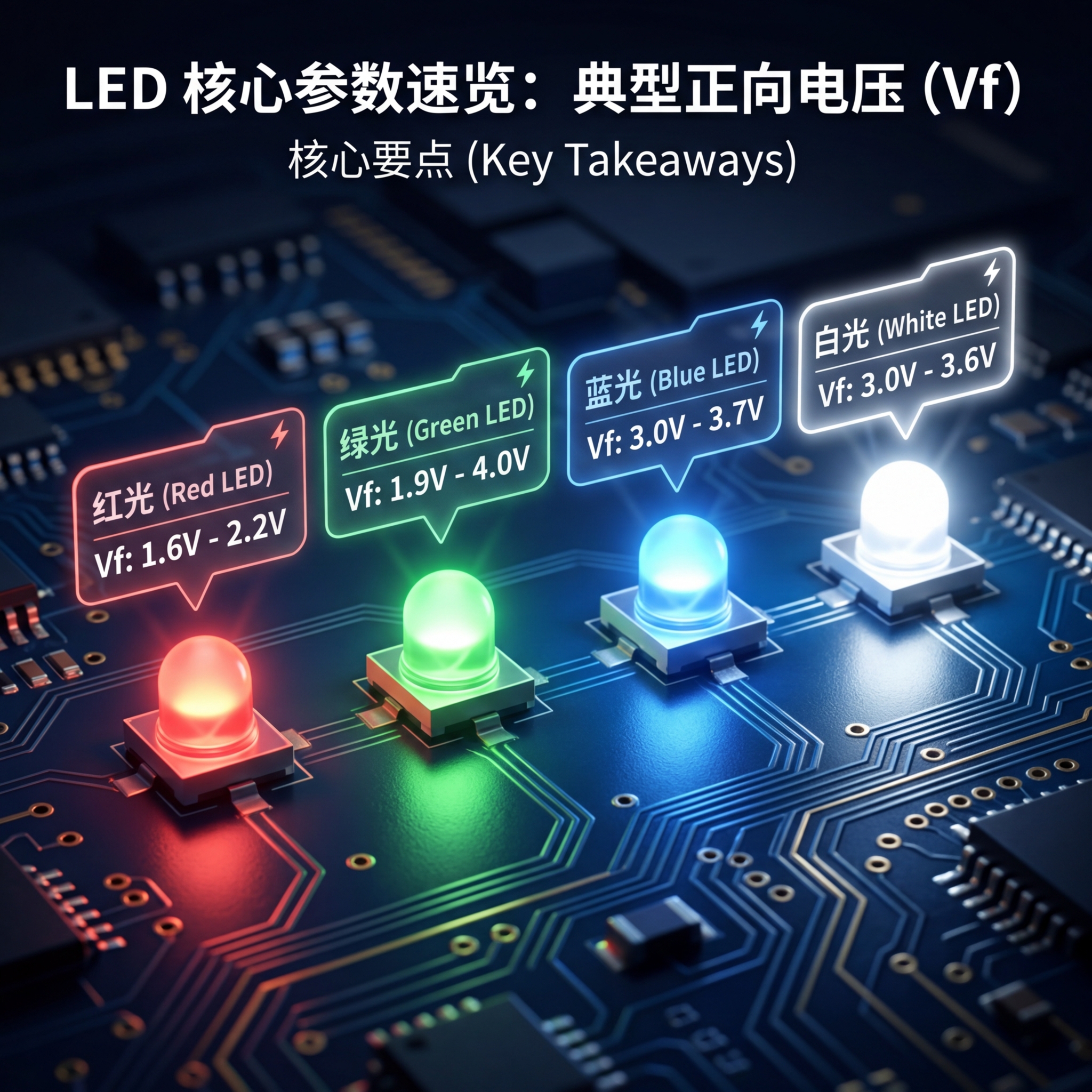LED灯珠正向电压速览图，展示红光、绿光、蓝光、白光LED的典型Vf值：1.6V-2.2V、1.9V-4.0V、3.0V-3.7V、3.0V-3.6V