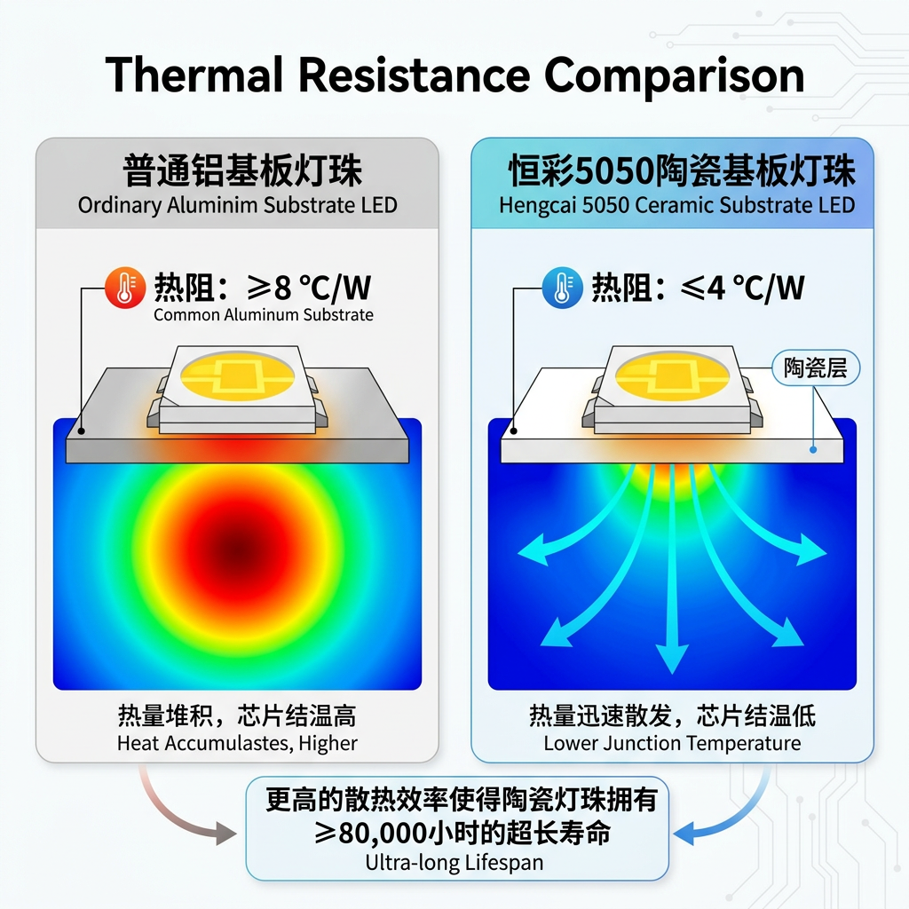 陶瓷基板与普通铝基板5050灯珠散热性能对比图，直观显示陶瓷基板（≤4℃/W）更低的热阻和更优的散热效果