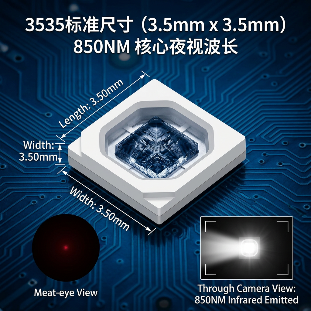 3535陶瓷850NM红外灯珠的尺寸、陶瓷底座与850NM夜视效果示意图