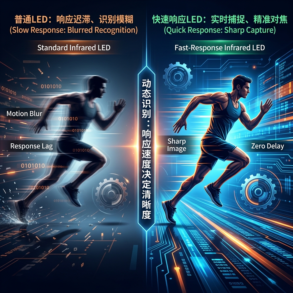 快速响应红外LED与普通红外LED动态识别效果对比,展示快速响应LED如何实现实时捕捉与精准对焦,避免拖影与模糊