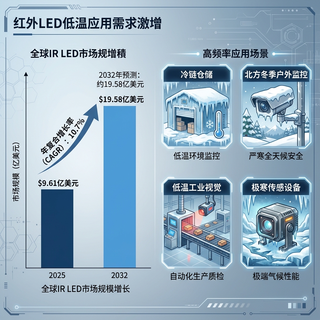 全球红外LED市场规模增长趋势图及冷链、户外监控、低温工业视觉、极寒传感等高频应用场景，展示低温红外LED日益增长的市场需求。