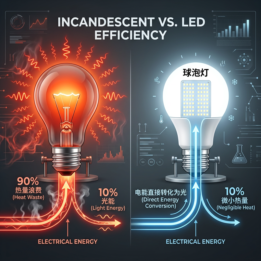 LED灯与传统白炽灯的能量转换效率对比示意图,展示LED如何将电能直接转化为光能,减少热量浪费。