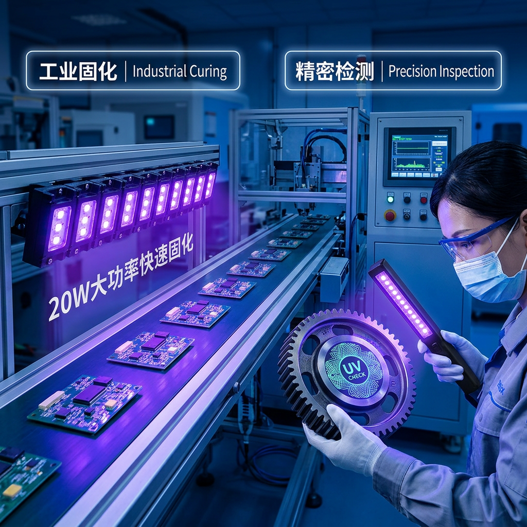 5050紫光LED在工业固化和精密检测中的复合应用场景，展示20W大功率快速固化UV胶水及高对比度检测隐形水印